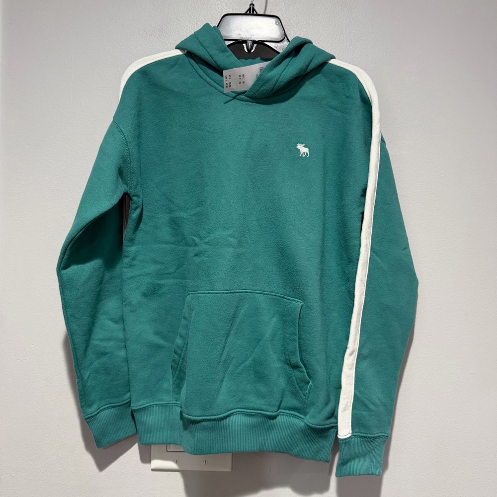 NEW Abercrombie Kids Boys' Essential Fleece Hoodie Green White Size 11 / 12